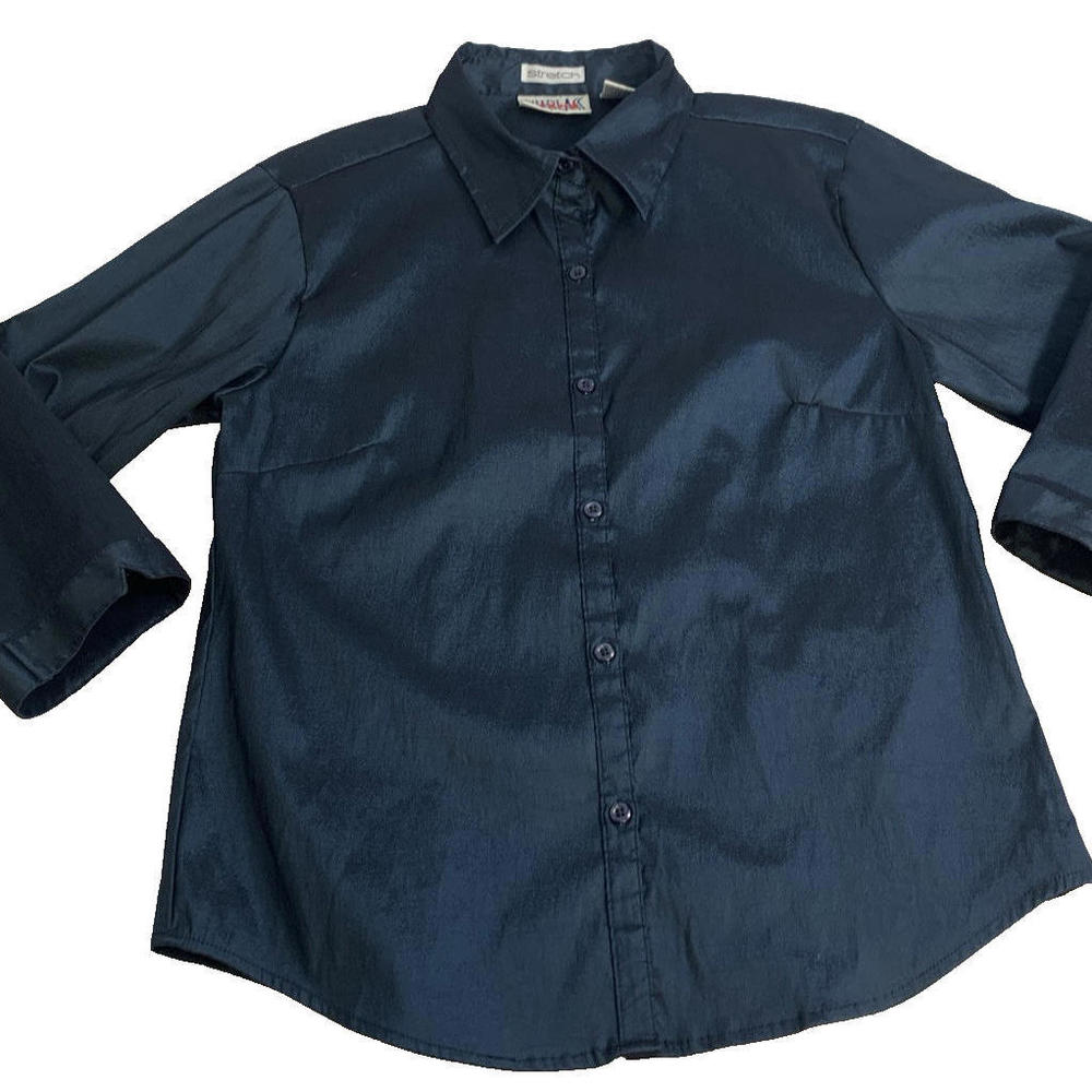 Bill Blass Stretch Button Down Shirt Women's M Dark Blue Satin Shiny 3/4 Sleeves